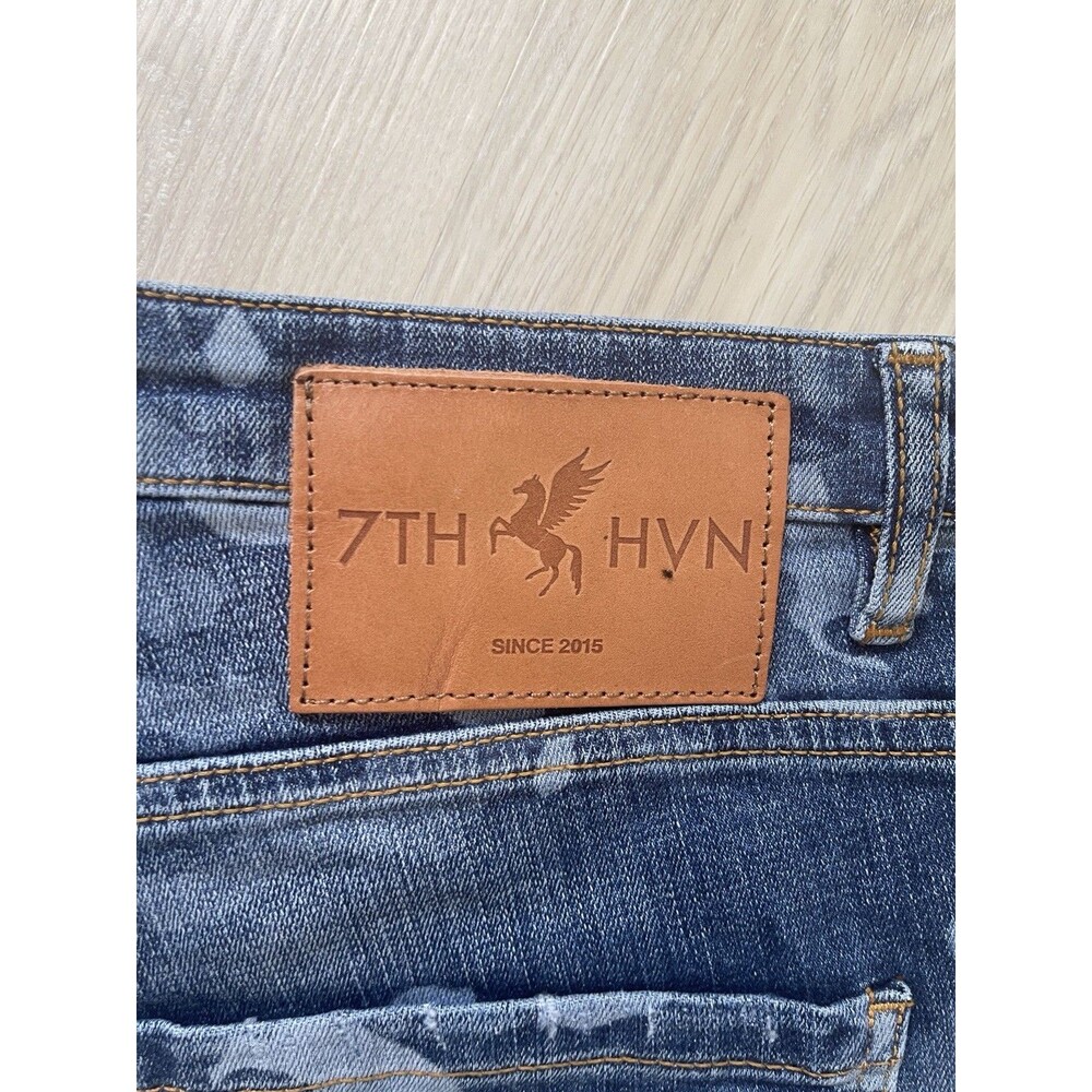 NWT 7TH HVN Men Camouflage Denim Jeans Blue Gray Slim Tapered Stretch Size 38